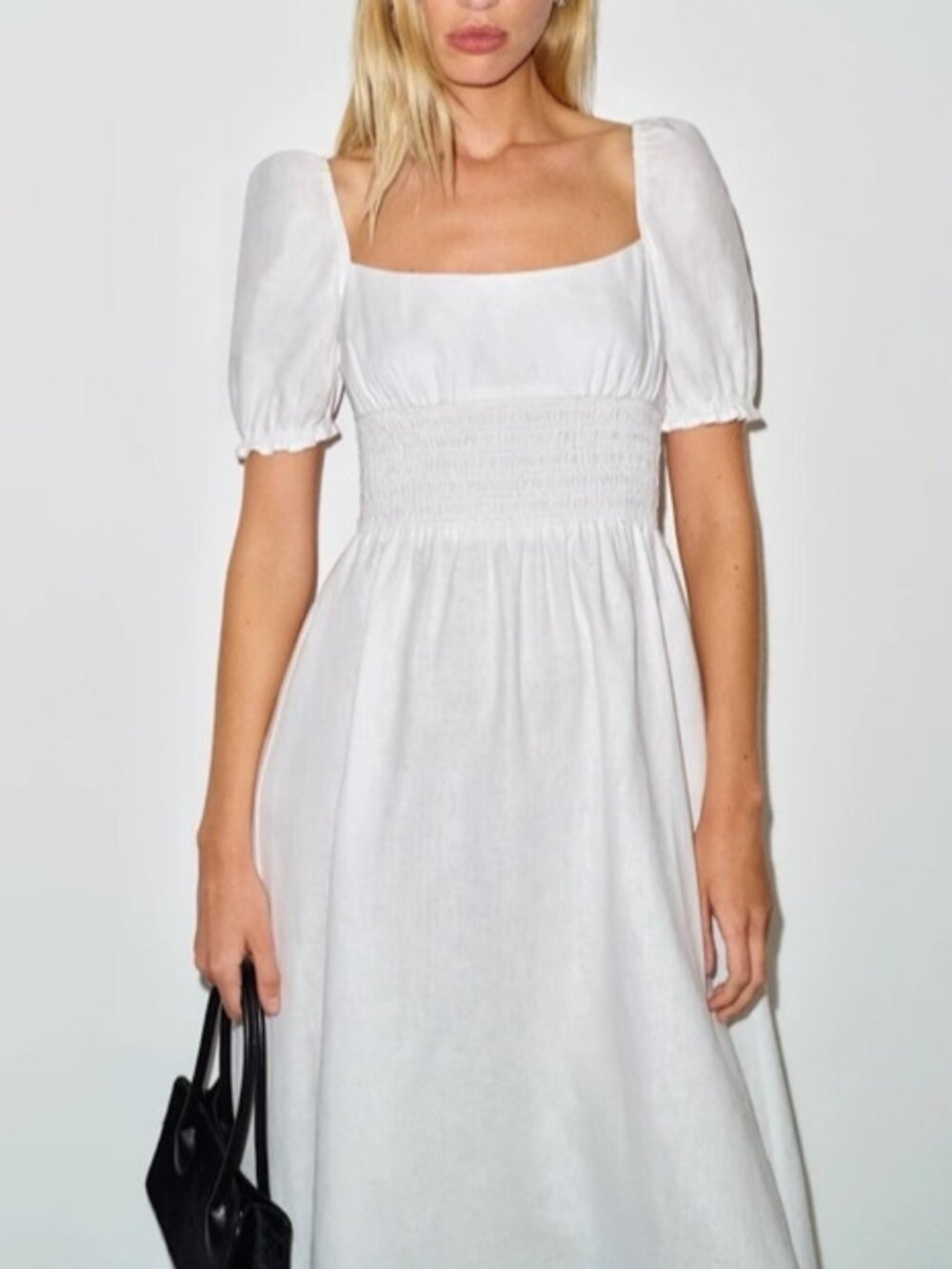 NEW Reformation Adler Linen Midi Smocked Puff Sleeve Dress White | US 4 UK 8
